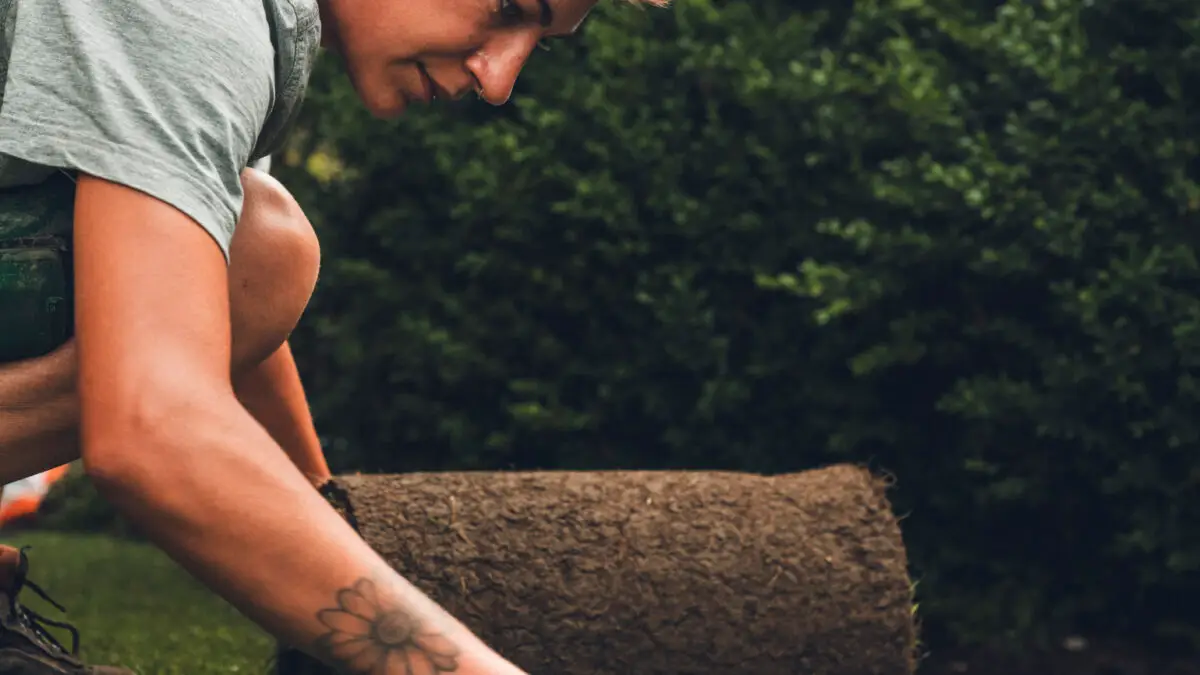 grasberger fließerau Eine Person kniet auf dem Boden und legt eine Rolle Rollrasen auf einem Rasen mit grünen Sträuchern im Hintergrund aus. Mit kurzen Haaren und einem Tattoo auf dem Unterarm ist sie auf ihre Arbeit konzentriert - vielleicht setzt sie neue Gartentrends 2026 im Landschaftsbau.