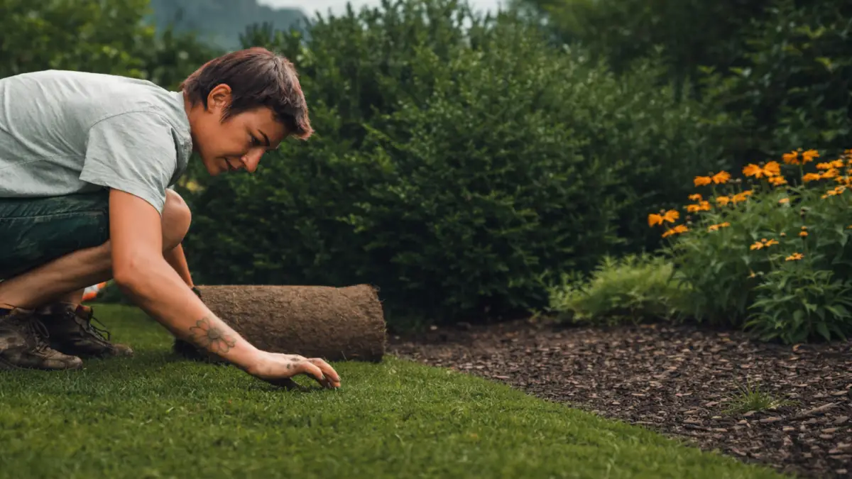grasberger fließerau Eine Person kniet auf dem Rasen und rollt den Rollrasen in einem Garten aus, umgeben von grünen Sträuchern und gelben Blumen, und arbeitet vorsichtig neben einem gemulchten Blumenbeet.