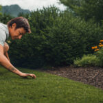 grasberger fließerau Eine Person kniet auf dem Rasen und rollt den Rollrasen in einem Garten aus, umgeben von grünen Sträuchern und gelben Blumen, und arbeitet vorsichtig neben einem gemulchten Blumenbeet.