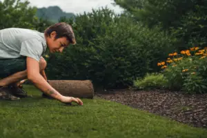 grasberger fließerau Eine Person kniet auf dem Rasen und rollt den Rollrasen in einem Garten aus, umgeben von grünen Sträuchern und gelben Blumen, und arbeitet vorsichtig neben einem gemulchten Blumenbeet.