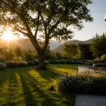 grasberger fließerau Während die Sonne hinter den Bergen untergeht, wirft ein großer Baum lange Schatten auf den gepflegten Rasen und die blühenden Sträucher. Liegestühle auf der modernen Terrasse laden zum Entspannen ein – Sommergarten: Warum der Garten Ihr wichtigster Wohnraum wird.