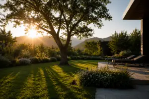 grasberger fließerau Während die Sonne hinter den Bergen untergeht, wirft ein großer Baum lange Schatten auf den gepflegten Rasen und die blühenden Sträucher. Liegestühle auf der modernen Terrasse laden zum Entspannen ein – Sommergarten: Warum der Garten Ihr wichtigster Wohnraum wird.