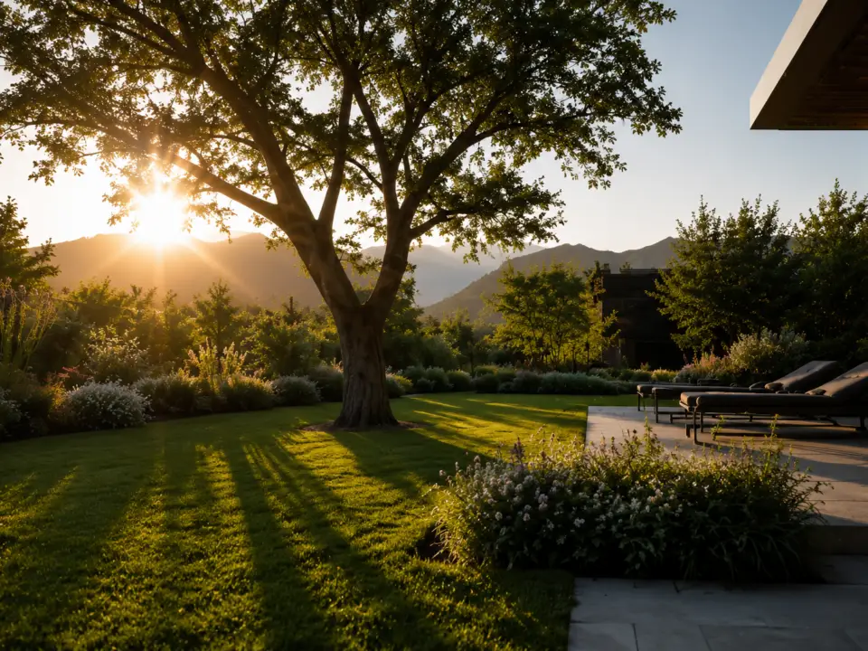 grasberger fließerau Während die Sonne hinter den Bergen untergeht, wirft ein großer Baum lange Schatten auf den gepflegten Rasen und die blühenden Sträucher. Liegestühle auf der modernen Terrasse laden zum Entspannen ein – Sommergarten: Warum der Garten Ihr wichtigster Wohnraum wird.