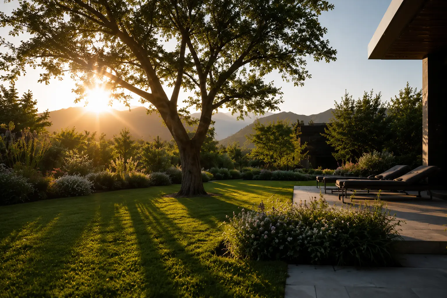 grasberger fließerau Während die Sonne hinter den Bergen untergeht, wirft ein großer Baum lange Schatten auf den gepflegten Rasen und die blühenden Sträucher. Liegestühle auf der modernen Terrasse laden zum Entspannen ein – Sommergarten: Warum der Garten Ihr wichtigster Wohnraum wird.