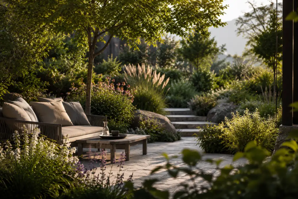 grasberger fließerau Sonnige Gartenterrasse mit einem gepolsterten Holzsofa, einem Couchtisch und einem Glaskrug. Üppig grüne Pflanzen schaffen einen echten Sommergarten: „Warum der Garten Ihr wichtigster Wohnraum wird“, mit Steinstufen, die sich durch die landschaftlich gestaltete Oase schlängeln.